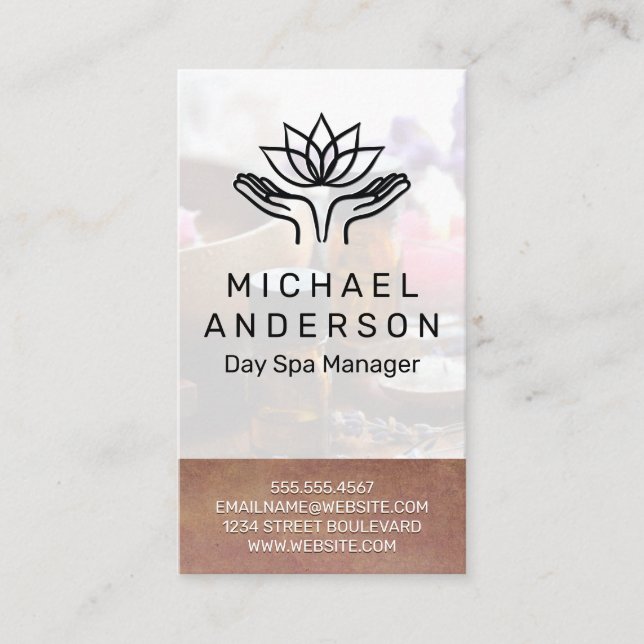 Cartão De Visita Fundo do Bamboo | Ícone Lotus das Mãos de Reparo (Frente)