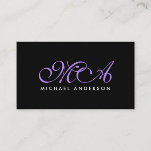 Cartão De Visita Fundo Preto de Script Elegante de Monograma Roxo