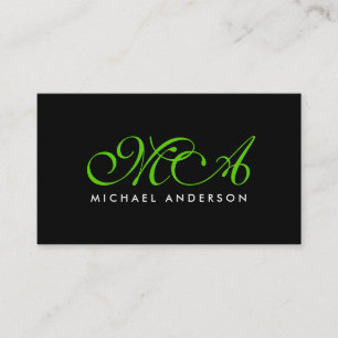 Cartão De Visita Fundo Preto de Script Elegante de Monograma Verde