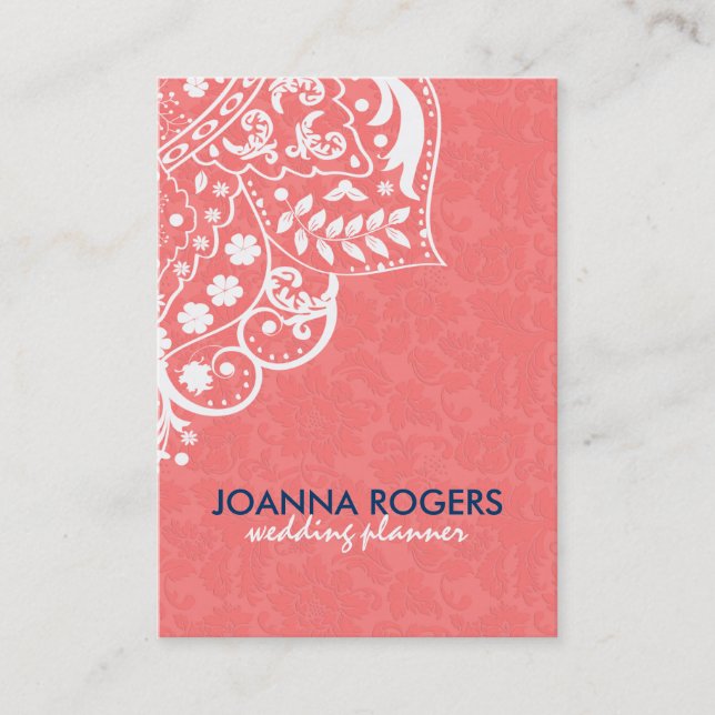 Cartão De Visita Fundo Vermelho Coral E Lace Floral Branco (Frente)