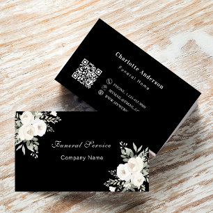 Cartão De Visita Funeral home service black white florals código QR