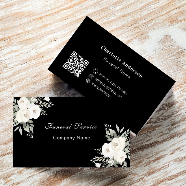 Cartão De Visita Funeral home service black white florals código QR (Criador carregado)