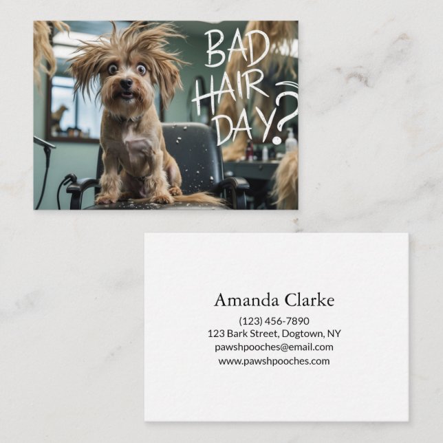 Cartão De Visita Funny Dog Grooming Business Card – “Bad Hair Day?” (Frente/Verso)