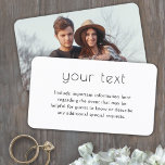 Cartão De Visita Gabinete de Casamento de Fotos Minimalista em Chic<br><div class="desc">Completo simplesmente convites de casamento chic e forneça informações importantes aos convidados com cartões elegantes personalizados de fotos. Todo o texto neste modelo é simples de personalizar ou excluir conforme necessário. Este cartão pode incluir quaisquer detalhes de celebração de sua escolha, como instruções, site, solicitações especiais, acomodações, recepção ou rsvp....</div>