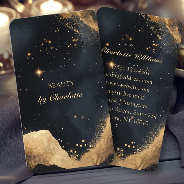 Cartão De Visita Galáxia Preta e Dourada Personalizada (Personalized Black & Gold Galaxy Business Card.Perfect for Tarot reader, Energy Healer, Light Worker)
