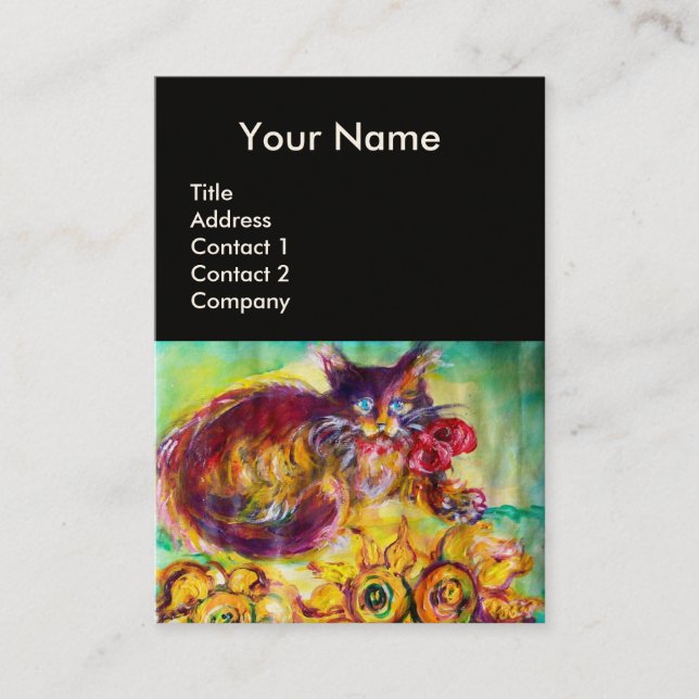 CARTÃO DE VISITA GATO COM BORRACHA VERMELHA E MONOGRAMA DE FLORES (Frente)