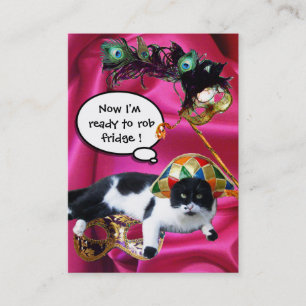 CARTÃO DE VISITA GATO COM CHAPÉU DE ARLEQUIM E MÁSCARAS DE BAILE DE