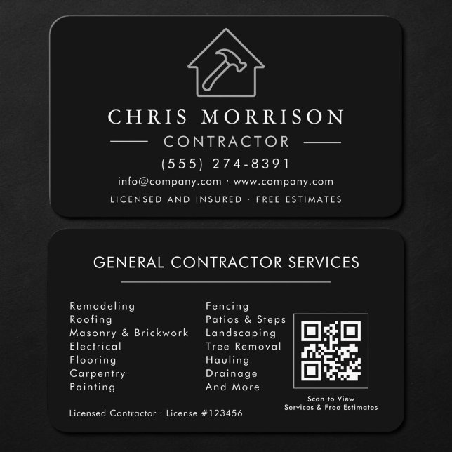 Cartão De Visita General Construction Contractor QR Code Black (Criador carregado)