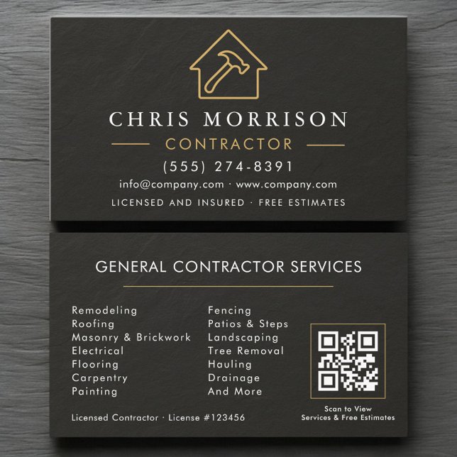 Cartão De Visita General Construction Slate Stone.Black QR Code (Criador carregado)