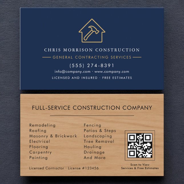 Cartão De Visita General Contractor Navy Blue Wood QR Code (Criador carregado)