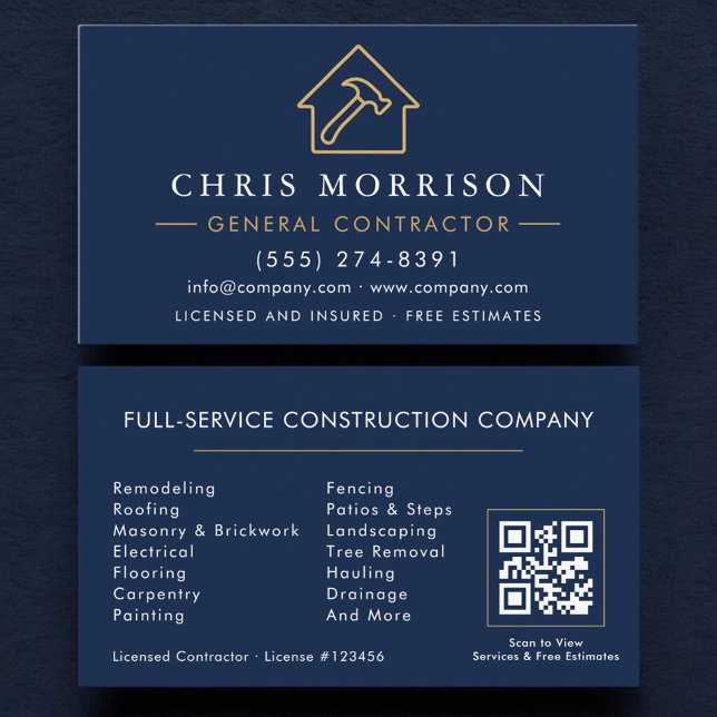 Cartão De Visita General Contractor QR Code Navy Blue Gold  (Criador carregado)