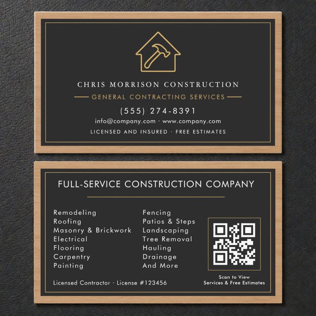 Cartão De Visita General Contractor Wood QR Code Black Gold  (Criador carregado)