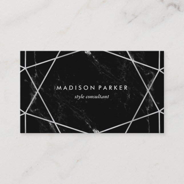 Cartão De Visita Geométrico de prata moderno no mármore preto (Frente)