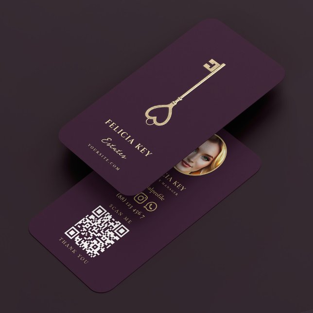 Cartão De Visita Gerenciador de Propriedades Realizador de Chave Do (Property Manager Luxury Purple Gold Key Realtor Business Card
)