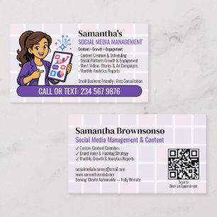 Cartão De Visita Gerente de Mídia Social Roxa QR Menina Cartoon