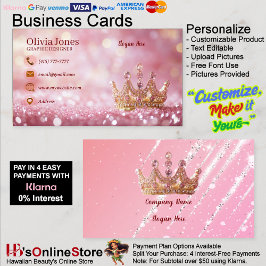 Cartão De Visita Girly Business Trendy Glitter Elegant Crown QRCode
