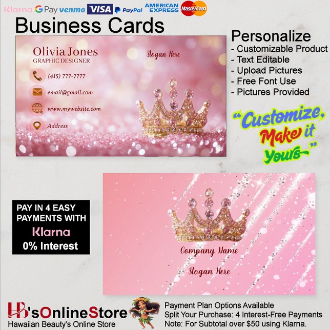 Cartão De Visita Girly Business Trendy Glitter Elegant Crown QRCode (Girly Business Trendy Glitter Elegant Crown QRCode Card.)