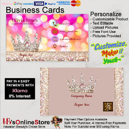 Cartão De Visita Girly Business Trendy Glitter Elegant Crown QRCode