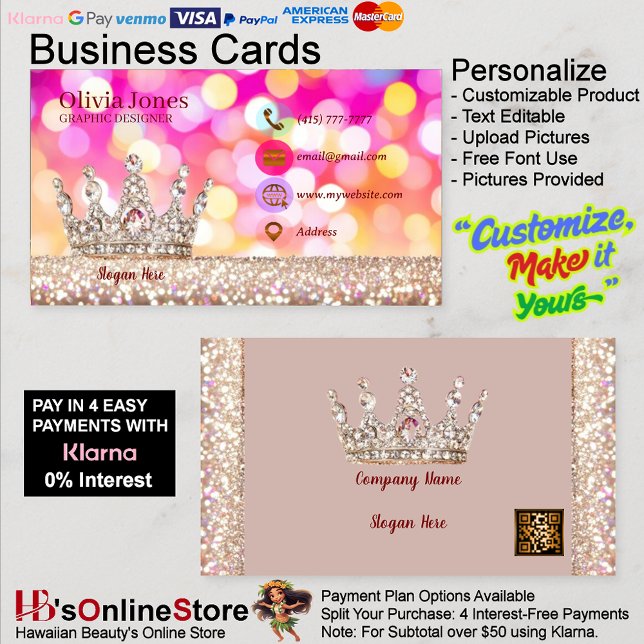 Cartão De Visita Girly Business Trendy Glitter Elegant Crown QRCode (Girly Business Trendy Glitter Elegant Crown QRCode Business Card 29.
)