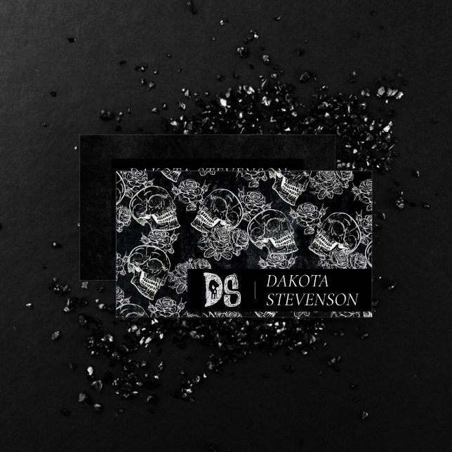 Cartão De Visita Giz Rosa do crânio | Monograma de Grunge Gótico Fu (Criador carregado)