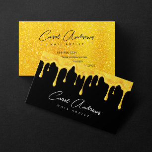 Cartão De Visita Glam Black Gold Glitter Drips Artista de Unhas Sal
