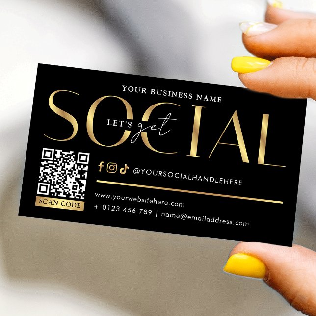 Cartão De Visita Glam Black & Gold Let's Get Social Media QR Code (Trendy black and gold social media business cards with QR code and metallic gold effects)