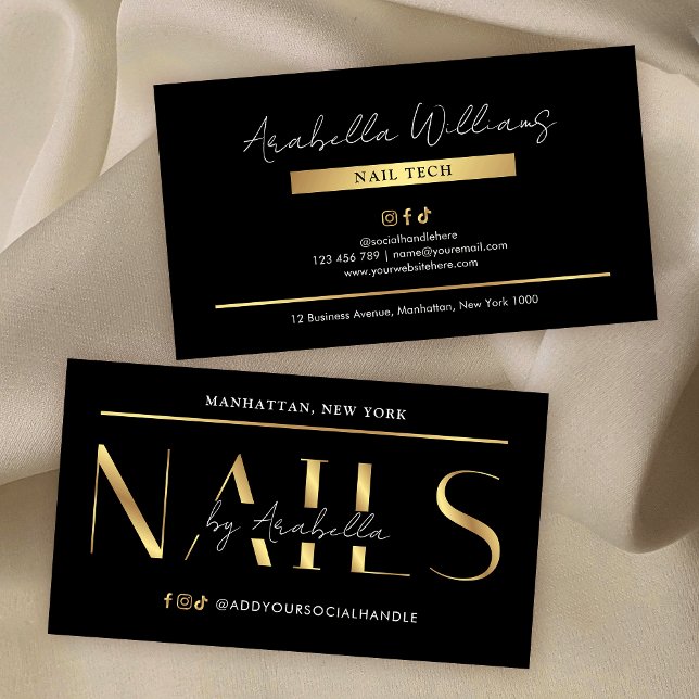 Cartão De Visita Glam Black Gold Modern Manicure Nail Artist Salon (Create stylish business cards for your nail salon or spa using this elegant design)