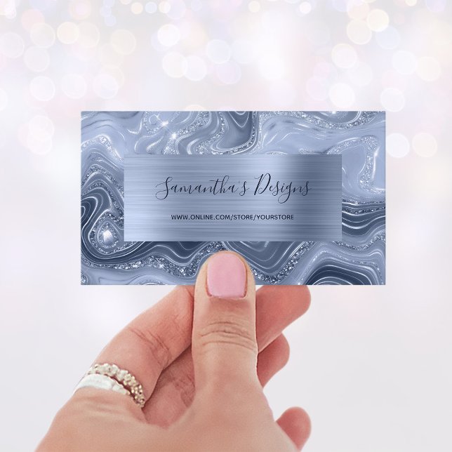 Cartão De Visita Glam da Agata Azul-Marmogata de Luxo (Luxury Dusty Blue Marble Agate Glam Business Card)
