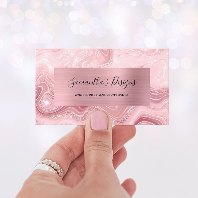 Cartão De Visita Glam de Agitação Rosa-Rosa-Cinza de Luxo (Luxury Blush Pink Marble Agate Glam Business Card)