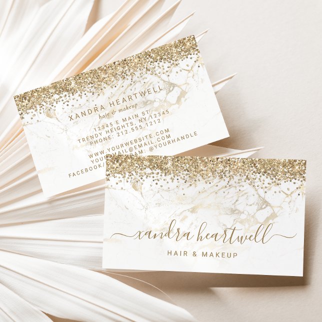 Cartão De Visita Glam Dourado Mármore Branco Glitter Script (Criador carregado)