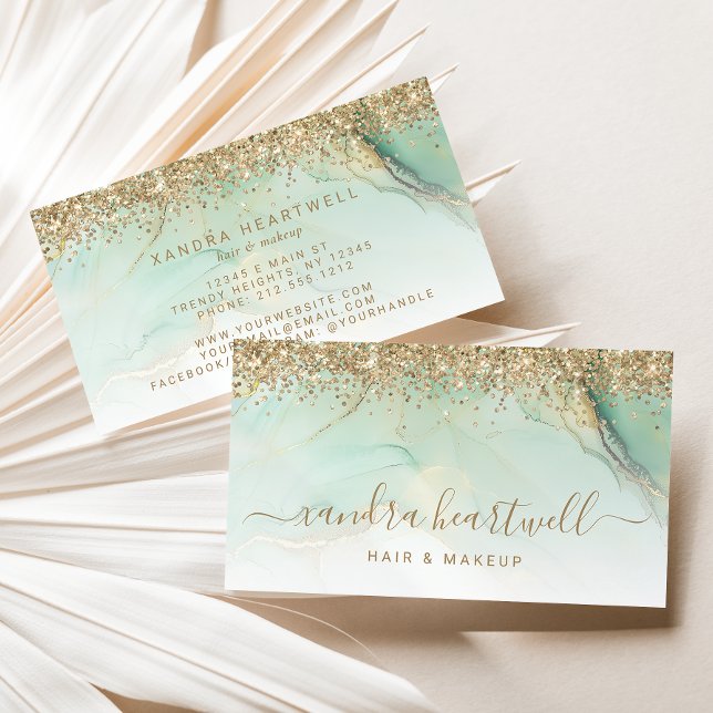 Cartão De Visita Glam Dourado Verde Script Glitter Mármore (Criador carregado)