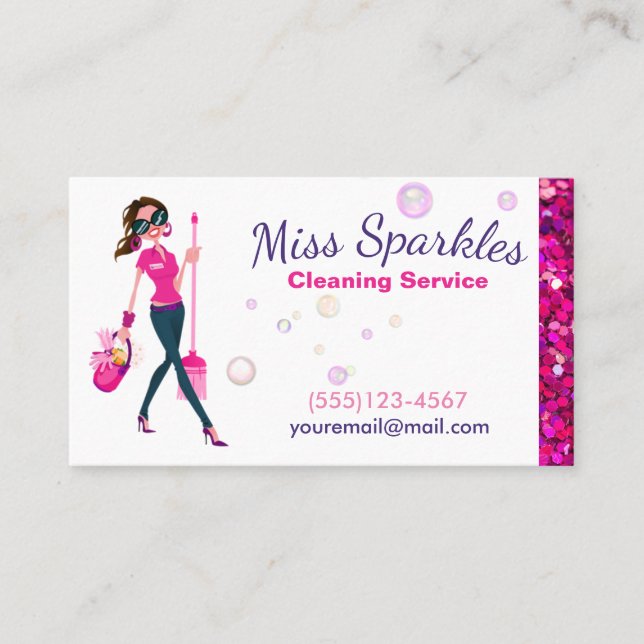 Cartão De Visita Glam Glitter Cartoon Maid House Clearing Services (Frente)