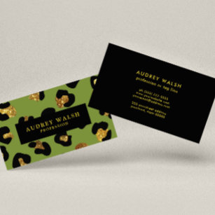 Cartão De Visita Glam Glitter Dourada Impressão de Leopardo Verde L