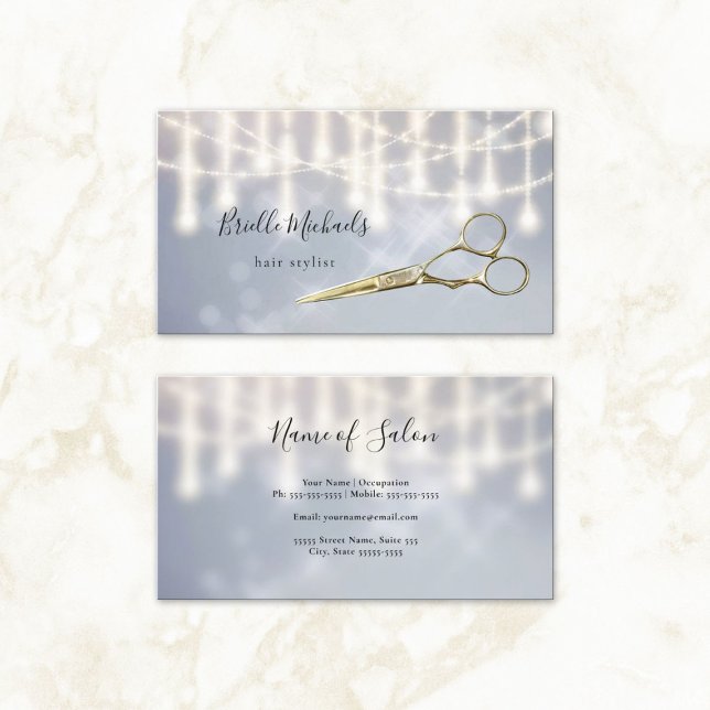 Cartão De Visita Glam Hairstylist Douradas Shears Silver Twinkle Bo (Glam Hairstylist Gold Shears Silver Twinkle Bokeh Business Cards)