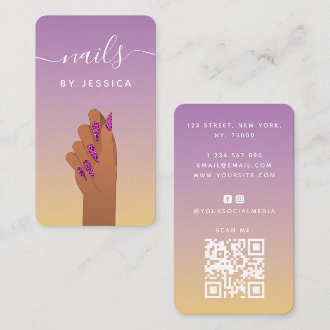 Cartão De Visita Glam Hand Leopard Nail Impressão Qr Code Redes Soc (Frente/Verso)