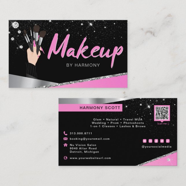 Cartão De Visita Glam Pink Silver Diamantes Makest Artist MUA (Frente/Verso)