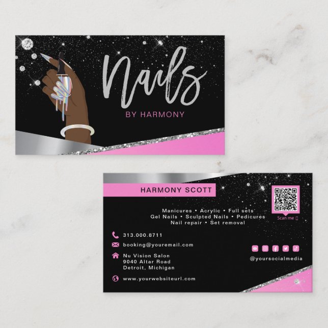 Cartão De Visita Glam Pink Silver Diamantes Nail Salon Tech Artista (Frente/Verso)