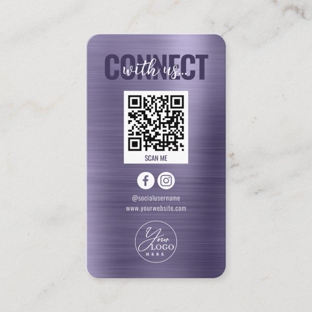 Cartão De Visita Glam Purple Connect with U Social Media QR Code (Frente)