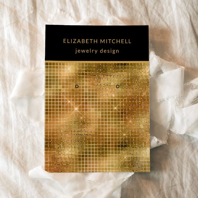 Cartão De Visita Glama de Disco Dourado Retroativo | Placa de vídeo (A glam, disco inspired earring display card in black and gold.)