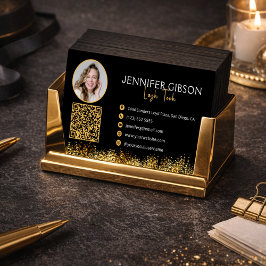 Cartão De Visita Glamorous Black & Gold Lash Tech QR Code 