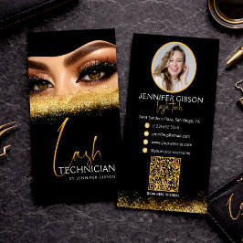 Cartão De Visita Glamorous Gold & Black Lash Tech QR Code 