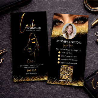 Cartão De Visita Glamorous Gold & Black Lash Tech QR Code 