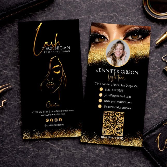 Cartão De Visita Glamorous Gold & Black Lash Tech QR Code  (Criador carregado)