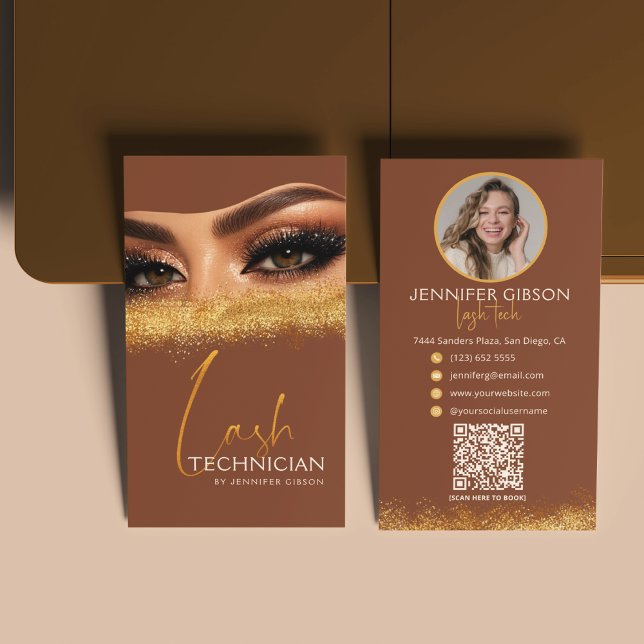 Cartão De Visita Glamorous Gold & Brown Lash Tech QR Code  (Criador carregado)