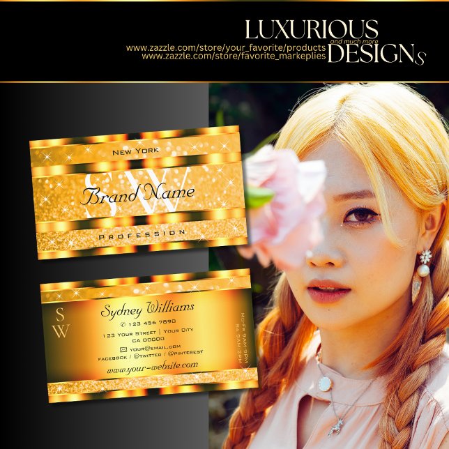 Cartão De Visita Glamorre Laranja Brilhante Brilhante Estrelas Mono (Criador carregado)