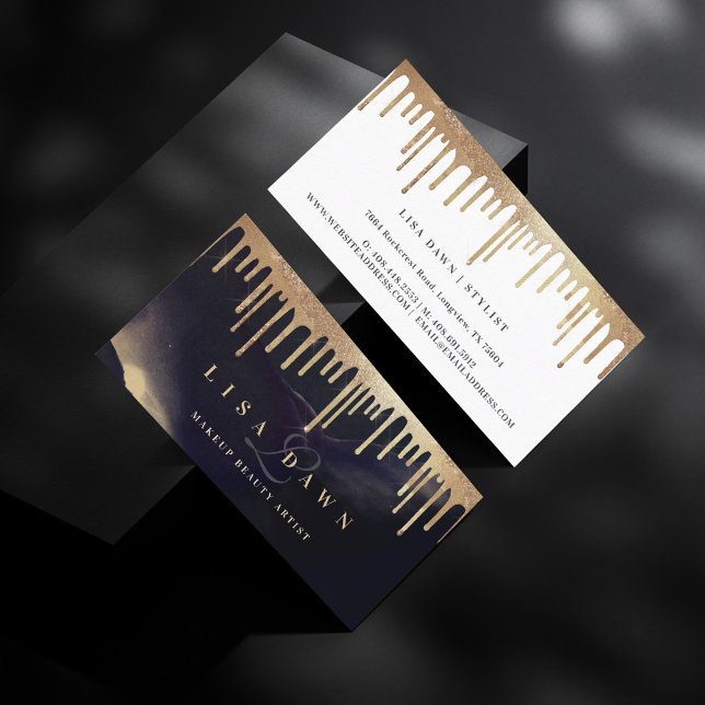 Cartão De Visita Glicma de Monograma de Tinta Escura Dourada Glamor (Glamorous Gold Glitter Drip Dark Ink Monogram Glam Business Card)