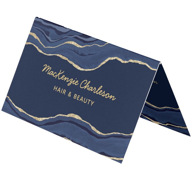 Cartão De Visita Glitor Dourado de Grelha de Agato Azul-marinho (Navy blue marble agate geode gold custom text folded business card)