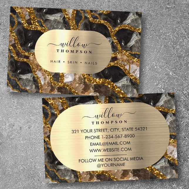 Cartão De Visita Glitter de Agitação de Geodo Dourado Preto (Black Gold Geode Agate Glitter Business Card)