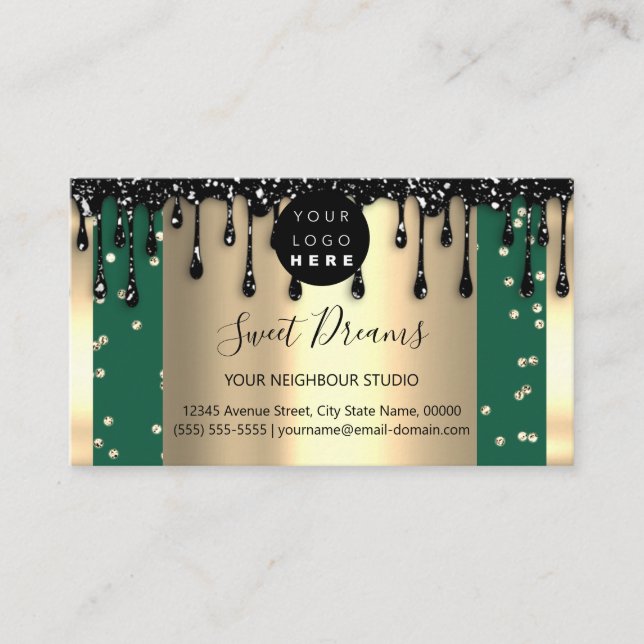 Cartão De Visita Glitter de Frame Dourado Confetti Preto Verde (Frente)