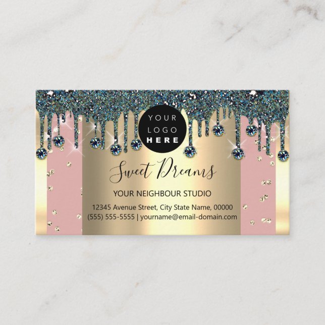 Cartão De Visita Glitter de Frame Dourado Confetti Rosa Teal Drives (Frente)